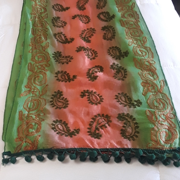 Embroidered Scarf 14"X70" Green & Salmon Ball Frin - Picture 3 of 8